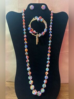 Vintage Millefiori Glass Bead Necklace, Bracelet & Earring Set